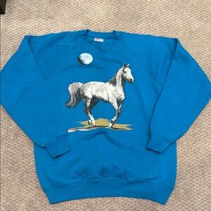 Hanes - Vintage Blue Horse Graphic Crew Neck Sweater